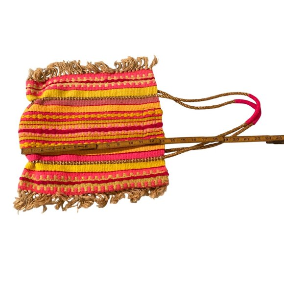 Handwoven Wool Striped Bohemian Tote Bag With Fringe Pink Orange Yellow - Picture 5 of 5